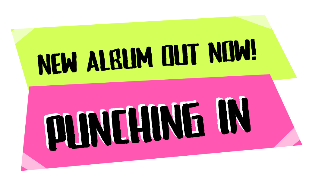 Bright neon graphic with green and pink tape design. Text reads: "New album out now! Punching In".